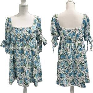 The Frolic Bloom Puff Sleeve Blue Lavender Floral Milkmaid Babydoll Mini Dress